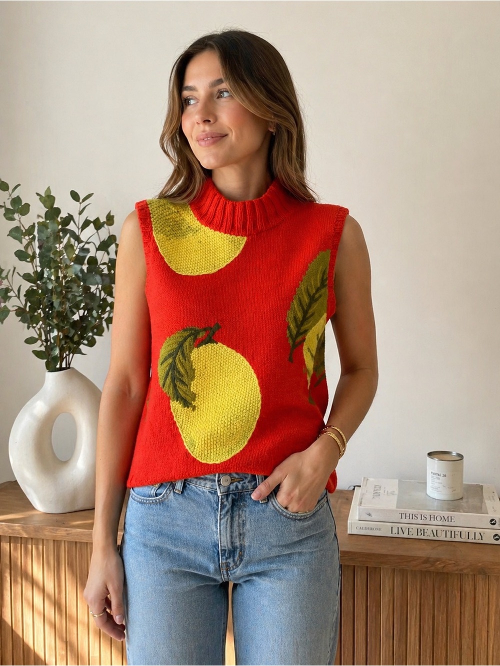 Vintage Anthropologie Hutch Red Sleeveless Knit Lemon Sweater Vest Size Medium L